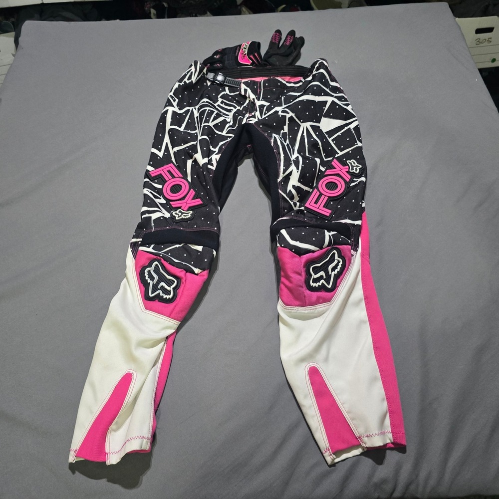 Fox Racing Motocross Pants & Gloves Kids 7/8 Pink Black White Shatter Print